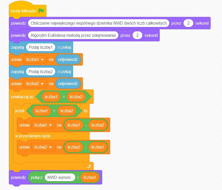 Algorytm Euklidesa w Scratch - wskazywanie NWD metodą przez odejmowanie